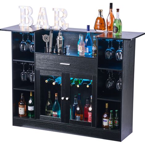 VEVOR Meuble Bar 4 Niveaux, Bar de Salon en Bois et en Metal, pour Cuisine Salon Maison Pub Bistro, Buffet Cuisine avec Tiroir de Rangement, Porte-verres, Porte-bouteilles et Eclairage LED, Noir (1/5)