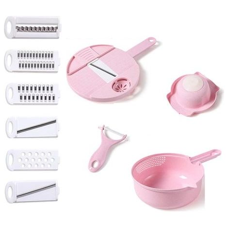 Cortador de verduras en espiral 12 en 1, cortador manual de verduras para tomates, patatas, frutas, zanahorias, pepinos y cebollas, 28 × 18,5 cm (rosa) (1/5)
