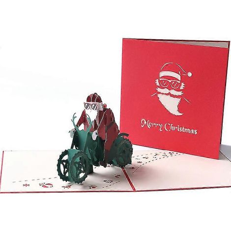 Weihnachtskarte, 3D-Weihnachtskarte, originelles und optimistisches Geschenk, Neujahrsgeschenk (alter Mann auf einem Motorrad, 15 x 15 cm)