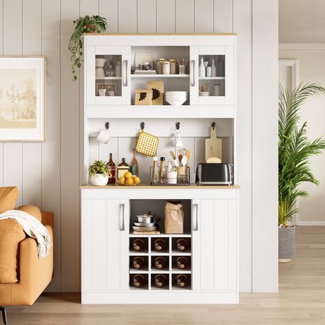 Buffet de cuisine vaisselier avec portes vitrées et porte-bouteilles - Meuble de rangement avec crochets 106 x 39 x 175 cm - Blanc et bois naturel style moderne