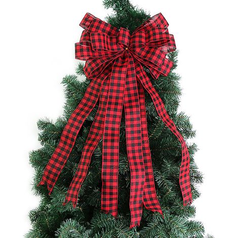 Ornement Arbre De Noel Grand Vichy Noir Et Blanc, Nœud Rouge Et Noir Polyester 34X65 Cm-KZQ (1/5)