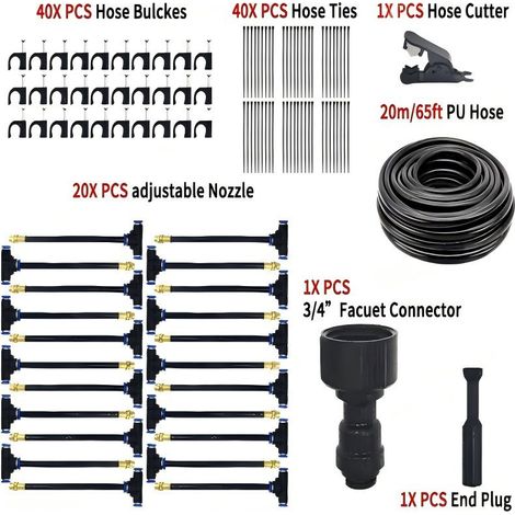Kit d’irrigation brumisateur orientable 20 m tuyau PU, 20 buses réglables, raccord robinet 3/4", système d’arrosage pour serre, jardin, refroidissement extérieur (1/3)
