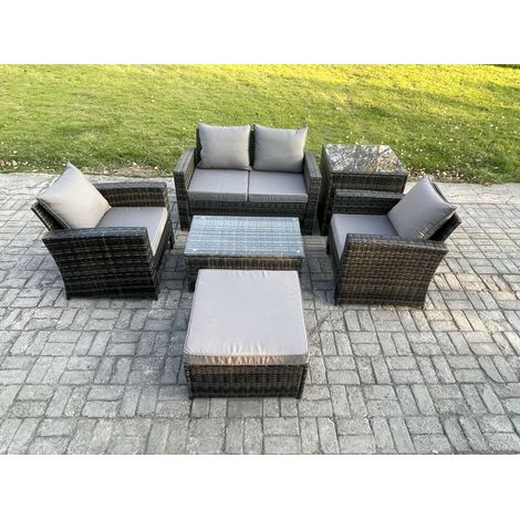 Fimous Outdoor Lounge Sofa Set Wicker PE Rattan Garden Furniture Set with Rectangular Coffee Table Double Seat Sofa Big Footstool Side Table Dark Grey Mixed (1/5)