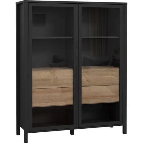 Vitrine 121 cm 2 portes 4 tiroirs décor bois de chêne et noir - MODE (1/5)