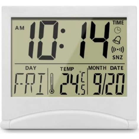Horloge de bureau numérique pliable avec écran LCD rétroéclairé, affiche l'heure, la date, le jour et la température, fonction calendrier intégrée (1/4)