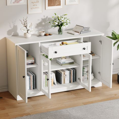 Aparador con 4 Puertas, 2 de Cristal, 1 Cajón y 6 Compartimentos, para Salón, MDF Blanco, 138 × 40 × 83 cm (1/5)