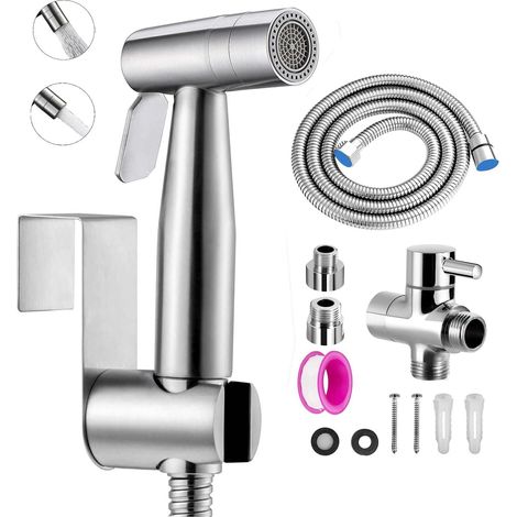 Kit Douchette wc,Pulvérisateur de toilette pour bidet,jet à deux fonctions, facile à installer, Pulvérisateur pour L'hygiène Personnelle Quotidienne, Jeu de Tuyaux Mural (Argent) (1/5)