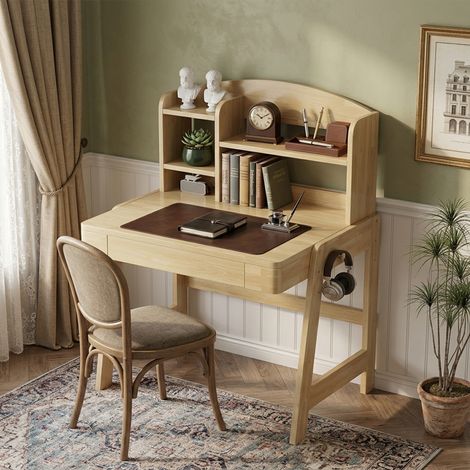 Bureau Enfant 60x88x118 cm Réglable en Hauteur en Bois Naturel avec Tiroir, Rangements et Crochets, dès 6 Ans (1/5)