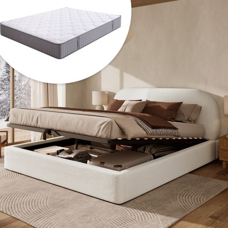 Letto matrimoniale imbottito bouclé beige 180x200 cm con testiera, rete a doghe, contenitore idraulico e materasso incluso