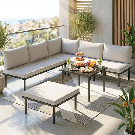 Ensemble de mobilier de jardin lounge pour 5 à 6 personnes, comprenant un canapé de jardin 2 places, 2 chaises, un fauteuil d'angle, une table à lattes et un repose-pieds. (1/5)