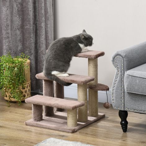 Arbre à chat avec escalier, 3 marches, balle suspendue, pour chats jusqu’à 5 kg, 45 x 40 x 48 cm, couleur marron (1/4)