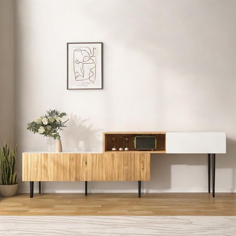 Meuble TV modulable 2 pièces blanc et bois avec pieds métal (1/5)