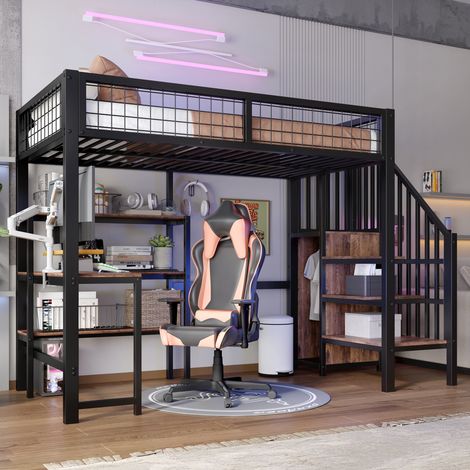 Lit surélevé en métal 90x200cm avec tiroirs de rangement sous le lit, étagères murales intégrées, armoire incluse, sans matelas, couleur noir