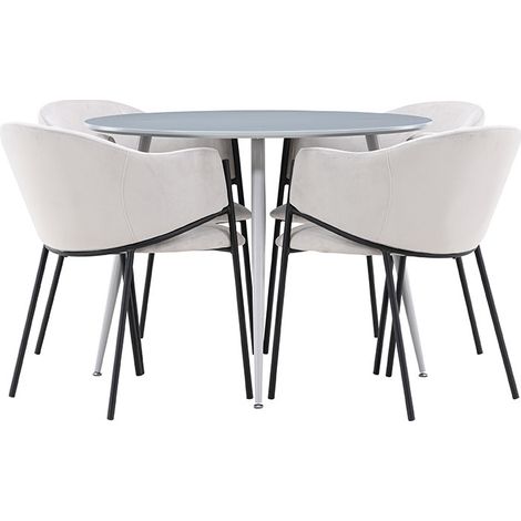 Plaza Essgruppe Tisch Ø100cm und 4 Velours Stühle mit Armlehnen grau.
