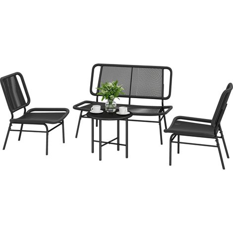 4-teiliges Gartenmöbelset aus Rattan, bestehend aus einem Outdoor-Sofa und einem schwarzen Couchtisch aus Metall.