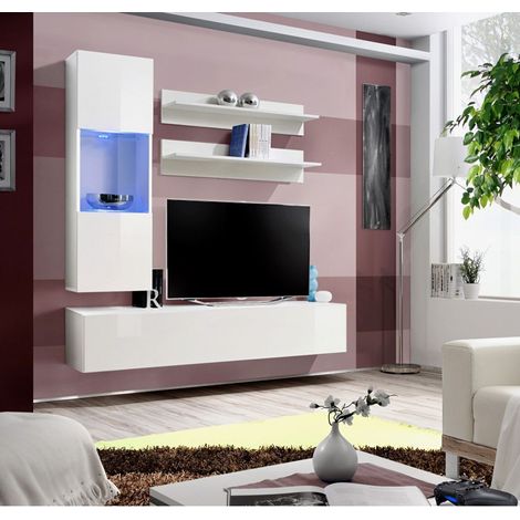 Ensemble meuble TV mural  - Fly III - 160 cm x 170 cm x 40 cm - Blanc - Livraison gratuite