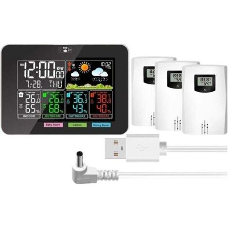 BARKBUSTERS Thermomètre météo, stations météo intérieures et extérieures sans fil, température, humidité, écran couleur VA, prévisions météo, pression barométrique, réveils (1/4)
