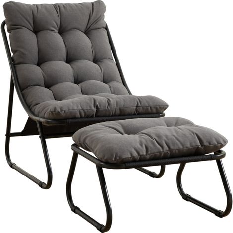 Sillón de relax exterior con otomana, acero negro y cojín gris (1/5)