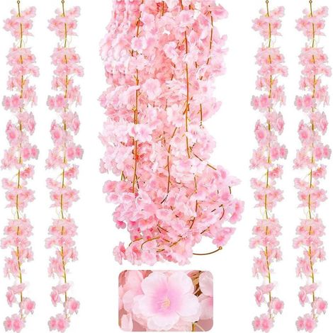 Lot de 4 guirlandes de fleurs de cerisier artificielles - 180 cm - Décoration murale - Fleurs artificielles en soie - Pour mariage, jardin, fête, décoration murale - Rose (1/5)