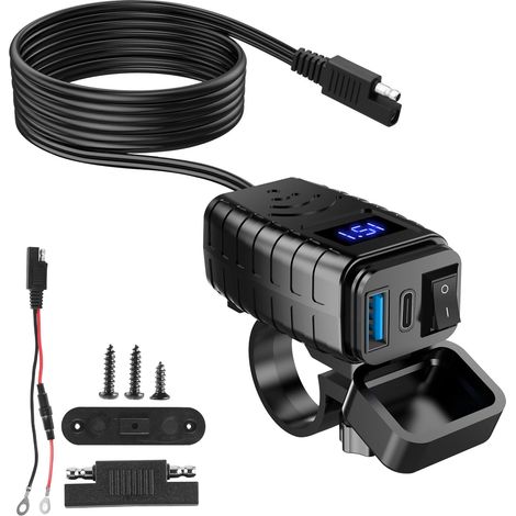 Chargeur Automobile USB-C PD 30 W - Chargeur USB-A QC3 18 W - Compatible 12 V 24 V - Étanche IP65 - Indicateur LED Tension Batterie - Pour Bateau Moto Camion