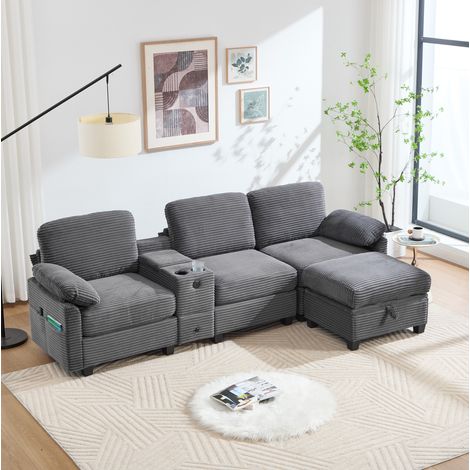 Sofá de esquina grande de pana gris oscuro con espuma viscoelástica y consola central (1/5)