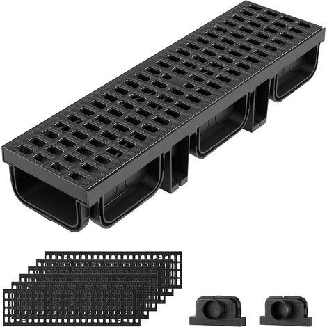 Caniveau de Drainage Linéaire Lot de 6 en HDPE 510x140x90 mm avec Grilles Amovibles et Embouts pour Allée Patio Jardin (1/5)