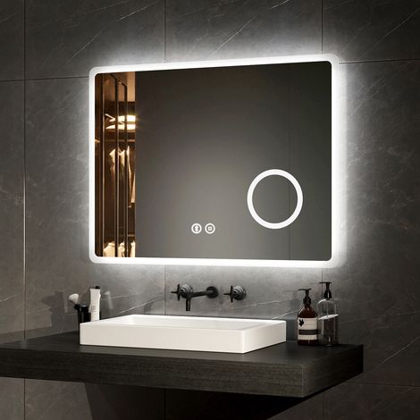 EMKE Bluetooth Illuminated Bathroom Mirror with Shaver Socket Dimmable Bathroom LED Mirror with Demister, 3X Magnifier, 600x800mm (1/5)