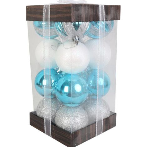 Set di 16 palline decorative in plastica da 6 cm nei toni del blu e del bianco con glitter, in elegante confezione. (1/5)
