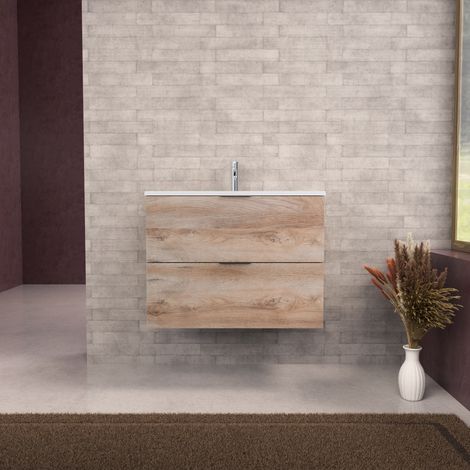 Inda - Badezimmerschrank B.80 mit mattiertem Waschbecken / Natureiche 2 Schubladen - Topazio