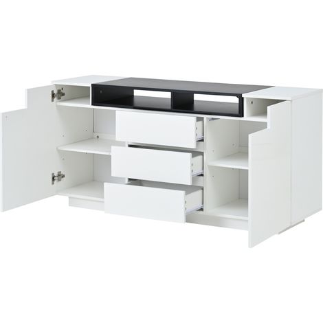 Buffet de salon 1404068cm avec 2 portes en L, meuble de salon avec cloisons réglables et LED, meuble laqué brillant avec 3 tiroirs, commode, blanc+noir (1/5)