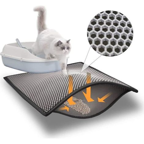 1 tapis litière chat, motif nid d'abeille, imperméable double couche, gris, 60x40 cm, pour intérieur (1/5)