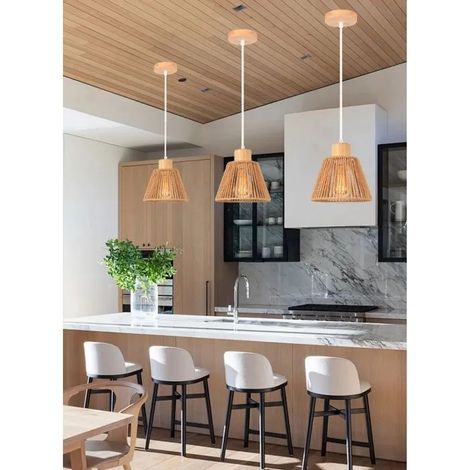 3x Retro Suspension Luminaire Industriel,20cm Lampe de Plafond en Rotin Bois E27 Lustre Ajustable Vintage pour Salon Chambr (1/5)