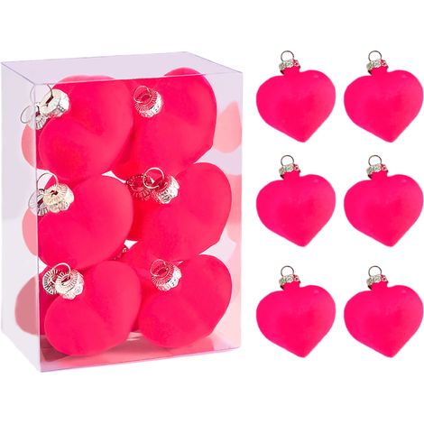 12 kreative, unregelmäßig geformte, beflockte Herzdekorationen für festliche Anlässe, Herzschmuck für den Weihnachtsbaum (rosarot) (1/2)