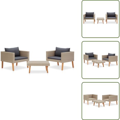 3-tlg. Garten-Lounge-Set mit Auflagen Poly Rattan Beige - Gartensitzgruppe - Loungemöbel - Outdoor-Wohnbereich - Gartenloungeset - Polyethylen-Rattan