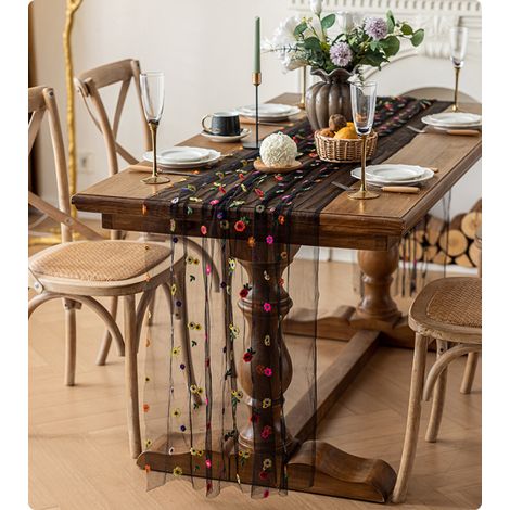 Chemin de table en tulle fleuri (3 mètres) – Décoration de table brodée de marguerites blanches, convient à la décoration de la maison et des fêtes. (1/3)