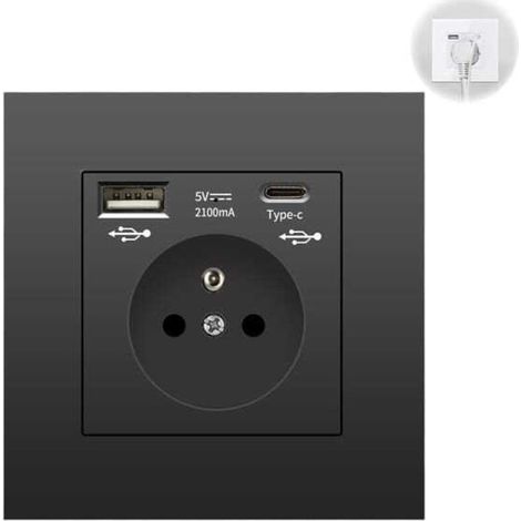 Prise murale noire avec USB et Type-C, protection surtension, charge rapide jusqu’à 3,1A (1/5)