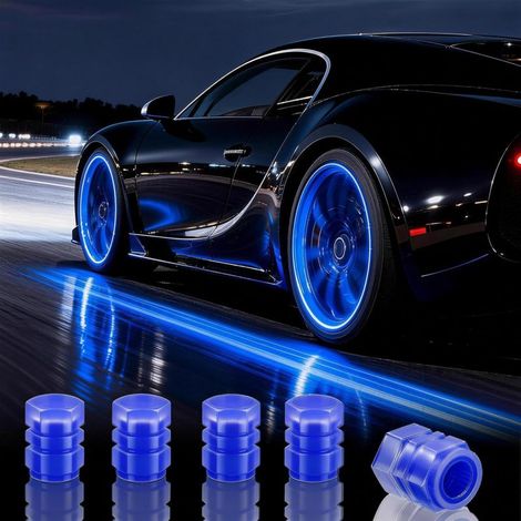 Lot 20 bouchons valve pneu phosphorescents – fluorescents, universels pour voiture, camion, SUV, moto, vélo (bleu)