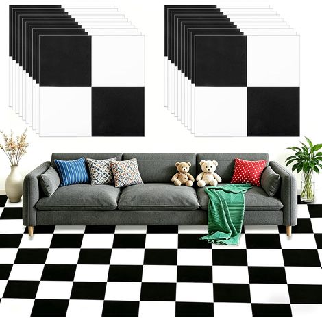 10 Dalles PVC Sol Autocollantes 30x30cm - Damier Noir/Blanc - 1.8m² - Imperméables (1/5)