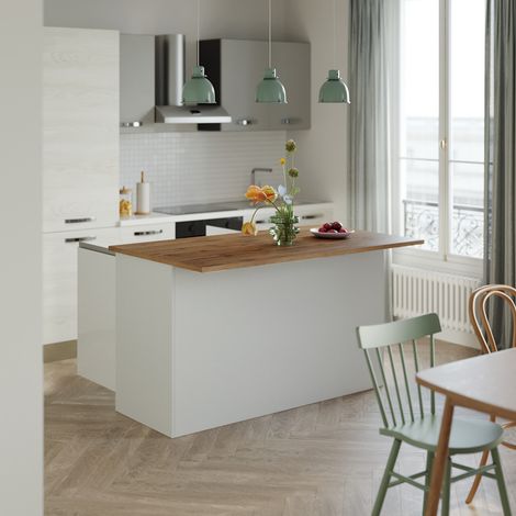 Ilot de cuisine moderne 155 cm blanc brillant/chêne wotan Solena