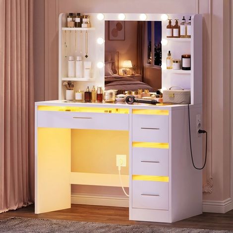 Coiffeuse avec RGB LED Miroir, Prise et Port USB, 4 Tiroirs, 85x40x135cm, Blanc