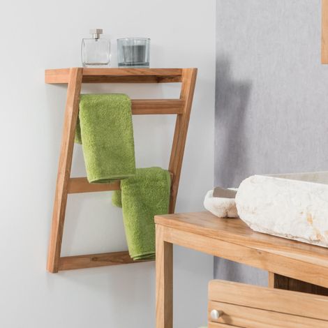 Wanda Collection – Porte-serviette mural en teck – 2 barres – Longueur 40 cm – Hauteur 60 cm – Fixation murale pour salle de bain chic (1/5)