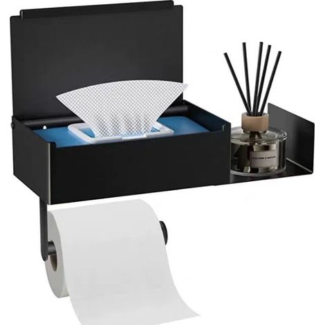 Porte Papier Toilette Mural Support Papier Toilette Adhesif, Derouleur Papier Toilette Murale sans Percage avec Rangement Acier, Inoxydable Anti-Empreintes Digitales Porte Spacieuses Noir