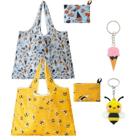 2 Pièces Sac à Provisions Pliable, Sac de Courses Réutilisable 58x66cm, Léger Shopping Bag avec Porte-Clés, Pliant (1/5)