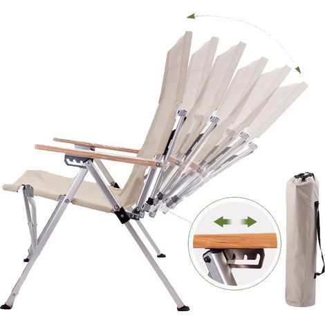 Chaise camping pliable 5 positions beige, dossier réglable, structure aluminium légère, chaise relax extérieur pour plage pêche pique-nique patio, confortable et portable (1/5)