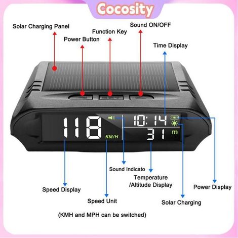 Cocosity Affichage HUD de voiture Compteur de vitesse numérique GPS solaire sans fil pour voiture avec écran LCD moto coffret Noir (1/5)