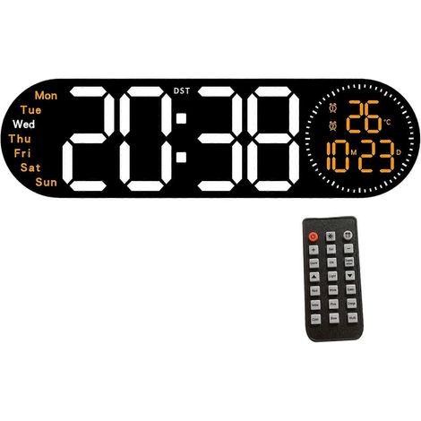 Grande horloge murale LED avec télécommande, fonction compte à rebours, 2 alarmes et affichage de la température, convient aux étudiants et aux professionnels, version orange. (1/5)