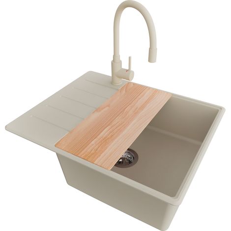 PRIMAGRAN Evier Cuisine en Granit 62x50cm, Lavabo 1 bac + Robinet 38x14cm + Kit de Vidage + Accessoire, Évier à Encastrer au meuble 50cm - Copenhague, Beige (1/5)