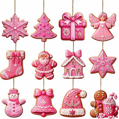 Ensemble de 12 décorations de sapin en pain d'épice, décorations festives en bois à suspendre pour les fêtes intérieures et extérieures (1/5)
