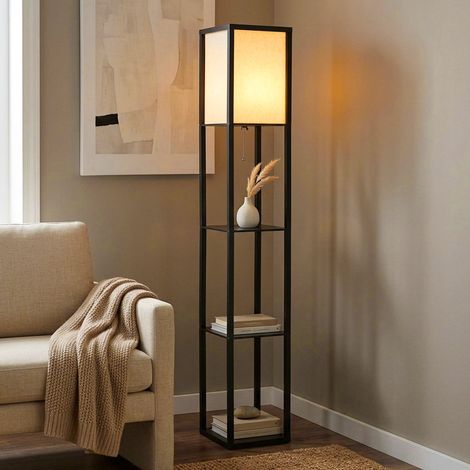 Lampadaire LED, étagère en bois, lampe sur pied, tissu noir, lampe de chambre, H 159 cm (1/5)