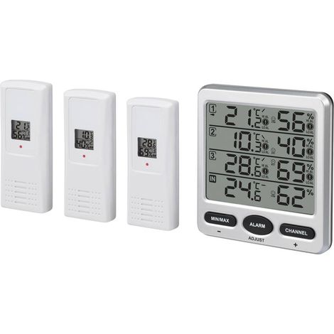 Thermo-hygromètre radiopiloté 8 canaux – Alimentation 4 piles LR03 – Portée 100 m – Affichage numérique avec alarme de gel – Renkforce (1/5)